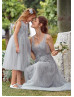 Cute Gray Lace Tulle Tea Length Flower Girl Dress